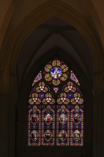Interior view, stained glass window, coloured church windows, Cathédrale Notre-Dame de Bayeux,
