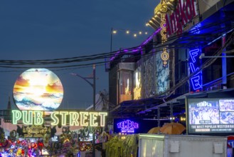 Neon lights, Pub Street in the evening, entertainment district with bars and restaurants, Siem