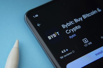 Dhaka, Bangladesh- 15 July 2025: Bybit app from Google Playstore is displayed on a smartphone