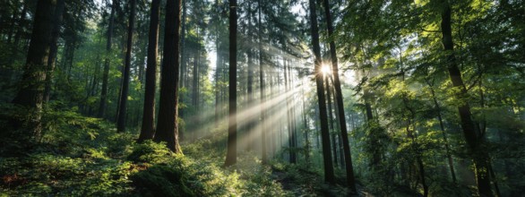 Beautiful rays of sunlight in a green forest shining through trees and tree branches. Concept of