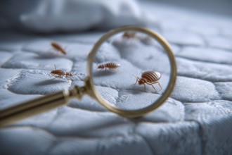 Bed bugs and dust mites concept with the magnifying glass. Allergy and old linen that contains