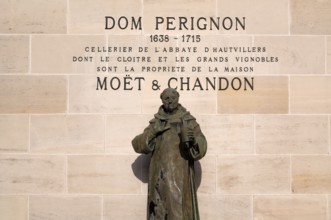 Dom Perignon statue, headquarters of the champagne brand Moët & Chandon, part of the luxury goods