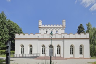Gothic house with battlements and corner turrets, neo-Gothic, white, museum, Dornholzhausen, Bad