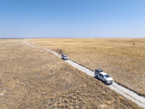 Two off-road vehicles drive on a sandy track through a vast dry landscape with yellow grass, Sowa