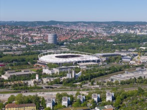 Aerial view, MHP Arena, surrounded by green urbanity and buildings in Stuttgart, Baden-Württemberg,