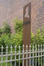 Sign and fence at the Theodro Storm House, Theodor Storm Centre, Museum, Old Town, Husum, North