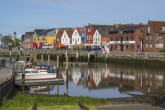 Building at the harbour, skyline, boats, reflection, Husum, North Sea, North Frisia,