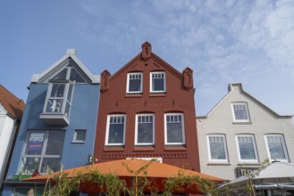 Coloured gabled houses, harbour, Husum, North Sea, North Frisia, Schleswig-Holstein, Germany