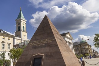 City view of Karlsruhe with pyramid on the market square. Karlsruhe, Baden-Württemberg, Germany