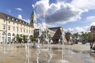 City view of Karlsruhe with fountain and pyramid on the market square. Karlsruhe,