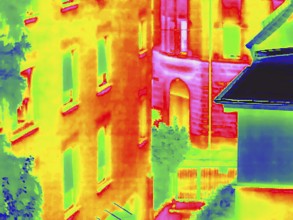 Thermal image or thermography, symbol photo, interpolated. Residential building. Stuttgart,