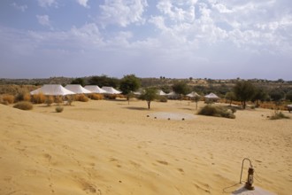 Desert camp or tented camp in the Thar Desert or Great Indian Desert, near Jaisalmer, Rajasthan,