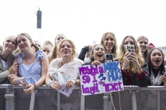 Festival visitors celebrate Mark Ambor's performance at the Lollapalooza Festival in the