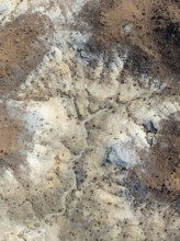 Broken, rocky ground with sparse vegetation. Aerial view. Drone shot. Southern Namibia