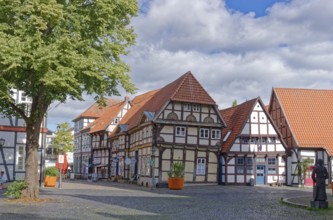 Half-timbered houses on the market square in the historic old town of Nienburg an der Weser.