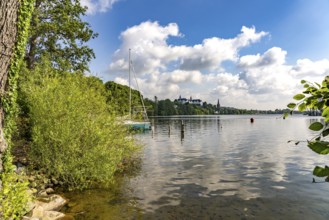 The Great Plön Lake, Nikolai Church and Plön Castle in Plön, Schleswig-Holstein, Germany