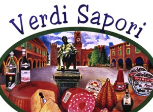 Verdi Sapori, advertising board for local culinary delicacies in honor of Giuseppe Verdi, Busseto,
