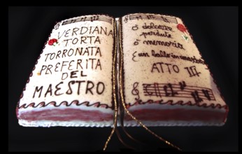 Shop window decoration, a cake in honor of Giuseppe Verdi, Busseto, Province of Parma,