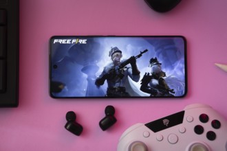 Dhaka, Bangladesh- 03 July 2025: A close-up of a gamepad with the Garena Free Fire seen on