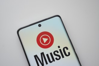 Dhaka, Bangladesh - 13 March 2025: The logo of the Youtube Music is displayed on a smartphone
