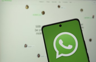 Dhaka, Bangladesh - 04 July 2025: The logo of the WhatsApp is displayed on a smartphone screen, and