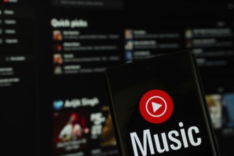 Dhaka, Bangladesh- 04 July 2025: Youtube Music logo is displayed on a smartphone screen, with the