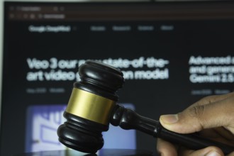 A hand holds a gavel in front of a computer screen displaying google deepmind's website