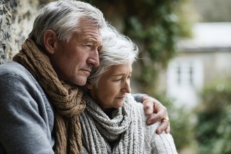 Senior couple grieving. Senior couple with health concerns or trouble in their lives or family, AI