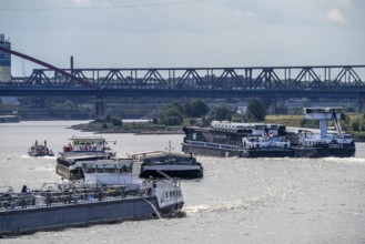 Cargo ships on the Rhine, in the background the Rhine bridge near Duisburg-Rheinhausen, Bridge of