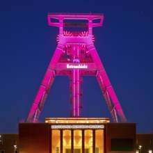 Illuminated headframe of the German Mining Museum at Extraschicht, Bochum, Ruhr area, North