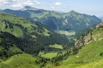 View from the hiking trail to the Hochalp Pass into Kleinwalsertal, behind Walmendinger Horn,