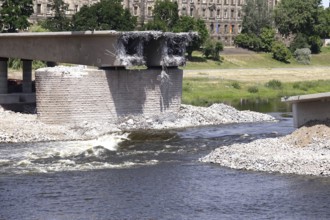 Demolition of the partially collapsed Carola Bridge, condition on 21 June 2025, Dresden, Saxony,