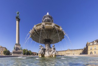 Schlossplatz Stuttgart with New Palace and fountain with fountain bowl. Place of interest in