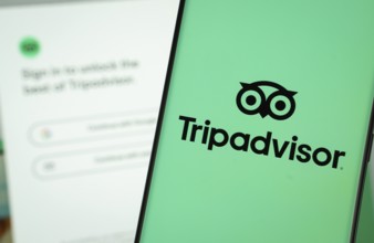 Dhaka, Bangladesh- 22 June 2025: Tripadvisor logo is displayed on a smartphone screen, with the