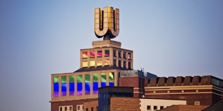 Dortmunder U, Flying pictures by Adolf Winkelmann at sunrise, Dortmund, Germany