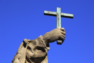 Detail of hand with cross, St John of Nepomuk on the Old Main Bridge, Würzburg, Lower Franconia,