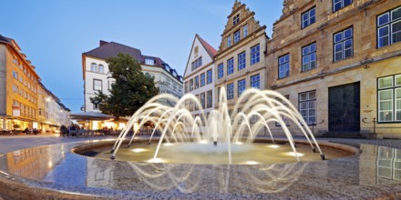 Old market with fountain and town houses in the evening, Bielefeld, East Westphalia-Lippe, North