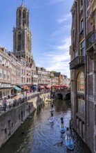 The old town centre of Utrecht, Oudegracht, around 2 km long with many old houses, cathedral tower,