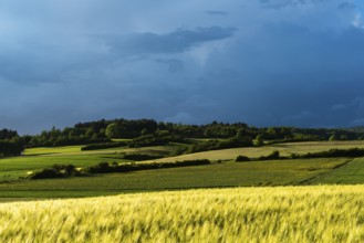 Dramatic cloudy sky with approaching storm and last rays of sunshine, Frankenhain, dark cloud wall,