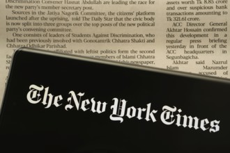 Dhaka, Bangladesh - 18 March 2025: The logo of the The new york times is displayed on a smartphone