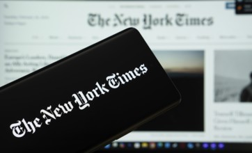 Dhaka, Bangladesh - 18 March 2025: The logo of the the new york times is displayed on a smartphone