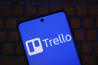 Dhaka, Bangladesh - 18 March 2025: The logo of the trello is displayed on a smartphone screen
