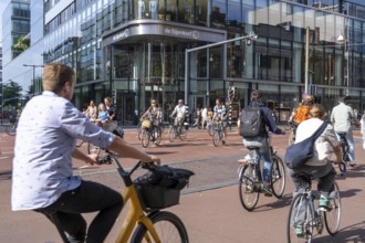Central cycle path along the Vredenburg, in the city centre of Utrecht, lanes for pedestrians,