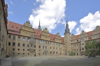 Inner courtyard with tower of the castle built in 1265, art history museum, landmark, Merseburg,