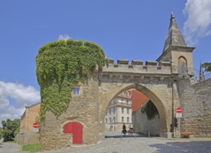 Historic Crooked Tor, city gate with archway, tower, city fortification, city wall, Merseburg,