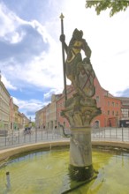 Wenceslas Fountain with sculpture, patron saint, saint with city coat of arms and spear, lance,