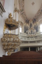 Pulpit with pulpit lid and organ of the baroque town church, pulpit bonnet, sounding board, pulpit