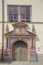 Portal with decorations from the town hall, Renaissance, market, Saale, Naumburg, Saxony-Anhalt,