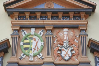 City coat of arms on the portal of the town hall, Renaissance, decorations, detail, year, market,