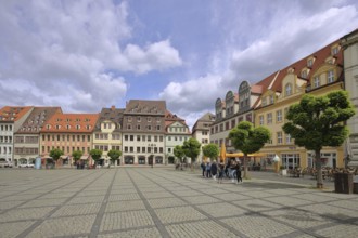 Houses and pedestrians at the market, Saale, Naumburg, Saxony-Anhalt, Germany